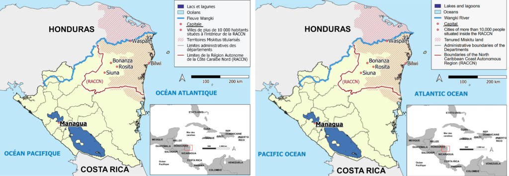 Carte indiquant la localisation de la région autonome de la Côte caraïbe nord au Nicaragua et des territoires miskitus titularisés
