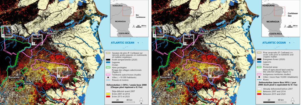 Carte des spatialisations et du rythme de la déforestation en Mosquitia et localisation des territoires d’étude