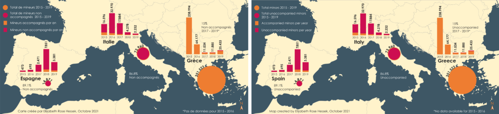 carte montrant les arrivées de migrants mineurs non accompagnés en Europe méditerranéenne 2015-2019